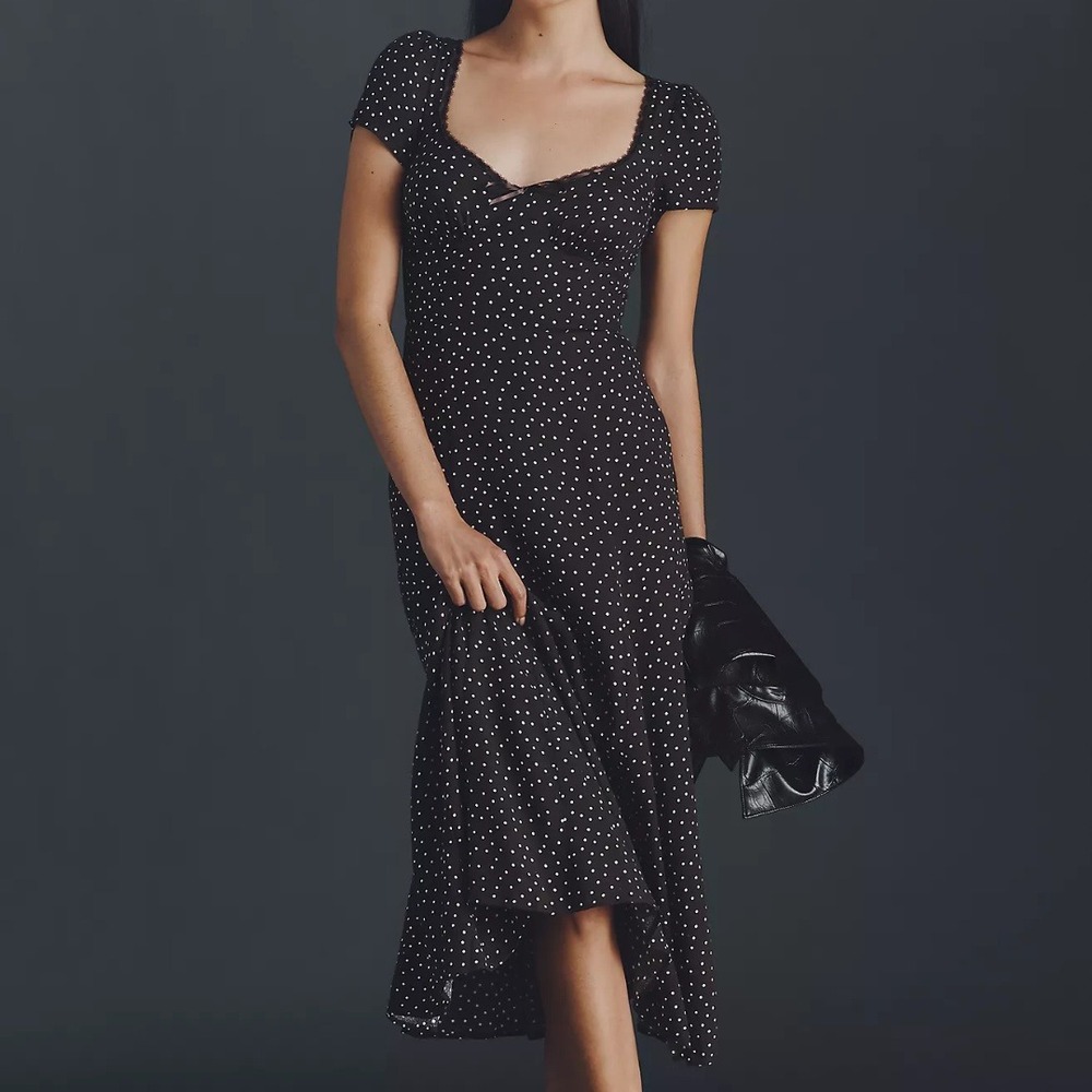 Reformation | NWT Afton Polka Dot Lace Trim Midi Dress in Blue Dream Dot size 10 - Picture 2 of 10